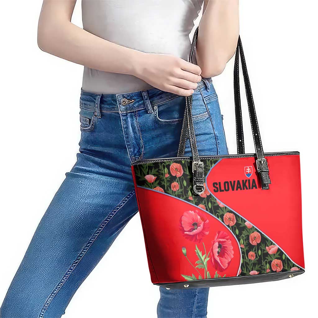 Slovakia Coat of Arms Leather Tote Bag with Red Poppy Flowers and Bold Flag Colors Design - Wonder Print Shop