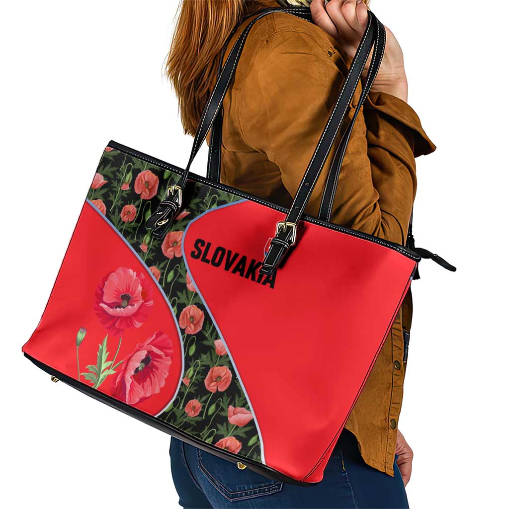 Slovakia Coat of Arms Leather Tote Bag with Red Poppy Flowers and Bold Flag Colors Design - Wonder Print Shop