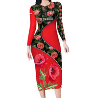 Slovakia Coat of Arms Long Sleeve Bodycon Dress with Red Poppy Flowers and Bold Flag Colors Design - Wonder Print Shop
