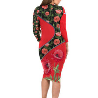 Slovakia Coat of Arms Long Sleeve Bodycon Dress with Red Poppy Flowers and Bold Flag Colors Design - Wonder Print Shop