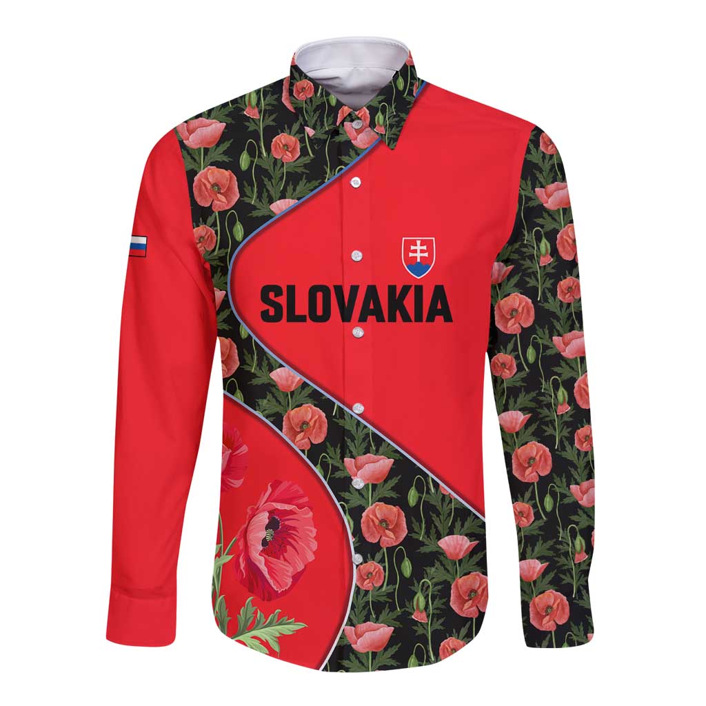 Slovakia Coat of Arms Long Sleeve Button Shirt with Red Poppy Flowers and Bold Flag Colors Design - Wonder Print Shop