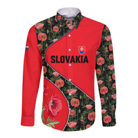Slovakia Coat of Arms Long Sleeve Button Shirt with Red Poppy Flowers and Bold Flag Colors Design - Wonder Print Shop
