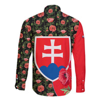 Slovakia Coat of Arms Long Sleeve Button Shirt with Red Poppy Flowers and Bold Flag Colors Design - Wonder Print Shop