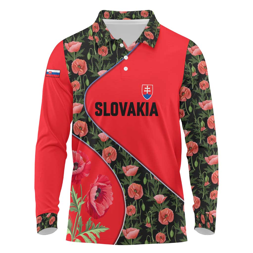 Slovakia Coat of Arms Long Sleeve Polo Shirt with Red Poppy Flowers and Bold Flag Colors Design - Wonder Print Shop