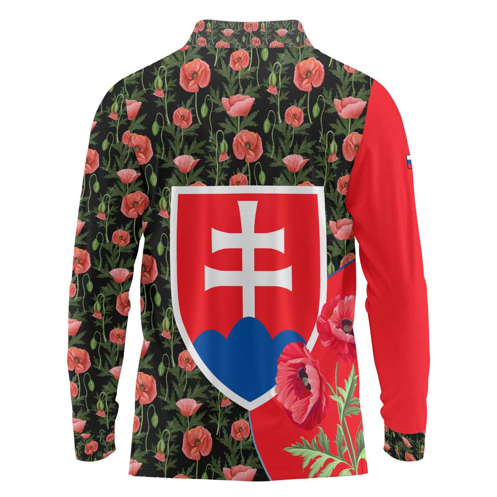 Slovakia Coat of Arms Long Sleeve Polo Shirt with Red Poppy Flowers and Bold Flag Colors Design - Wonder Print Shop
