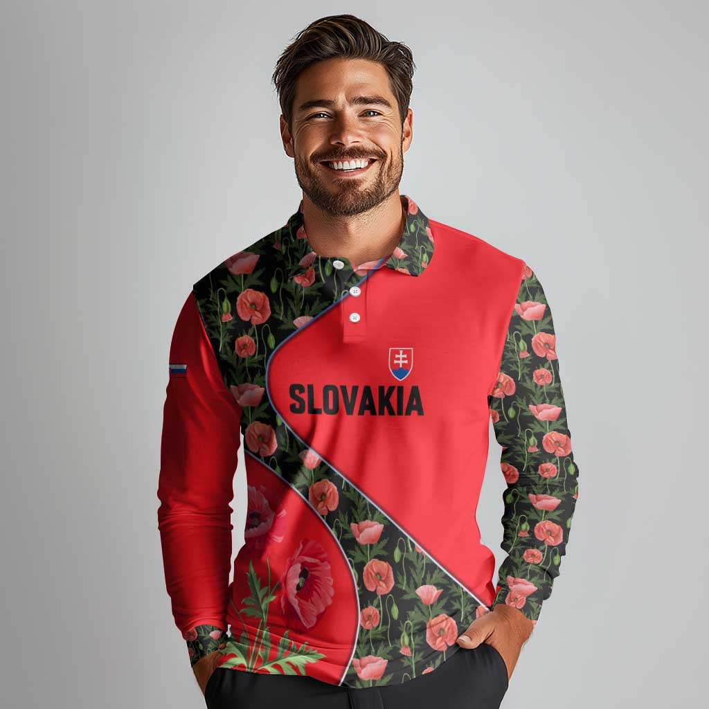 Slovakia Coat of Arms Long Sleeve Polo Shirt with Red Poppy Flowers and Bold Flag Colors Design - Wonder Print Shop