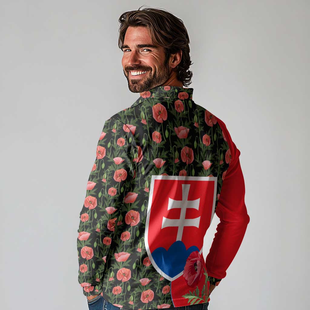 Slovakia Coat of Arms Long Sleeve Polo Shirt with Red Poppy Flowers and Bold Flag Colors Design - Wonder Print Shop