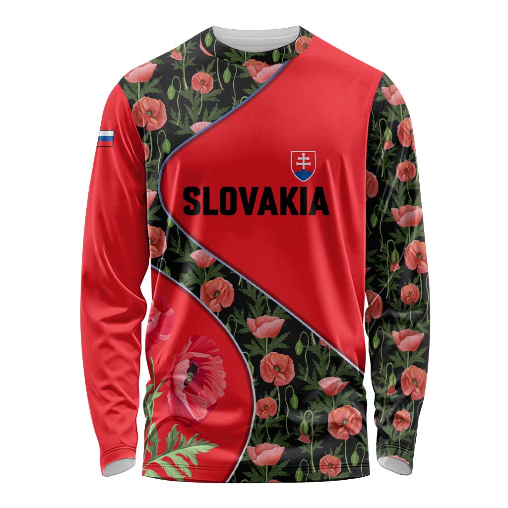 Slovakia Coat of Arms Long Sleeve Shirt with Red Poppy Flowers and Bold Flag Colors Design - Wonder Print Shop
