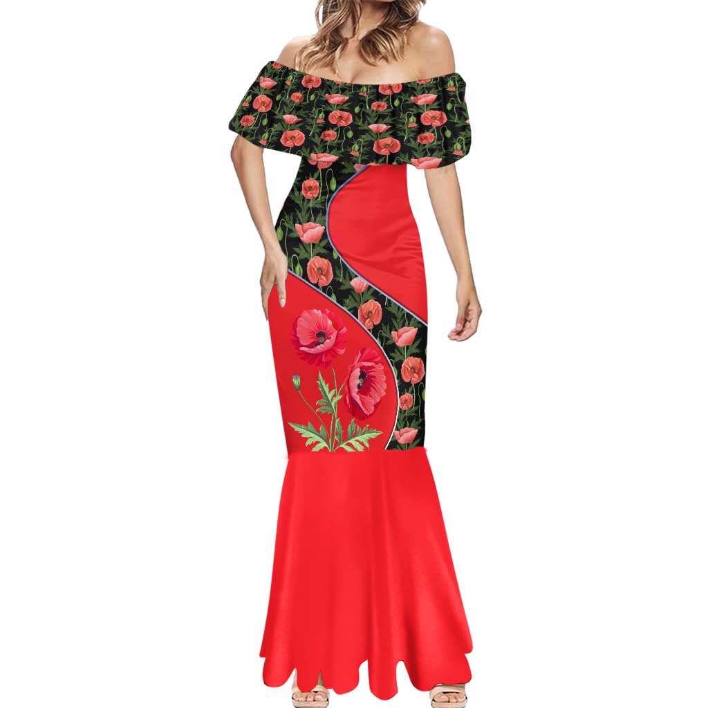 Slovakia Coat of Arms Mermaid Dress with Red Poppy Flowers and Bold Flag Colors Design - Wonder Print Shop