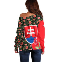 Slovakia Coat of Arms Off Shoulder Sweater with Red Poppy Flowers and Bold Flag Colors Design - Wonder Print Shop