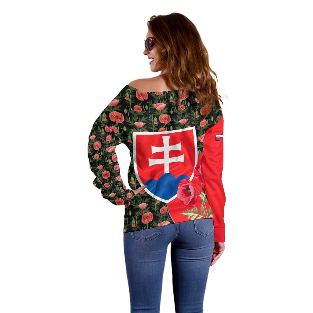 Slovakia Coat of Arms Off Shoulder Sweater with Red Poppy Flowers and Bold Flag Colors Design - Wonder Print Shop