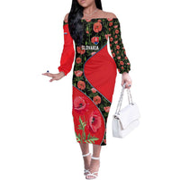 Slovakia Coat of Arms Off The Shoulder Long Sleeve Dress with Red Poppy Flowers and Bold Flag Colors Design - Wonder Print Shop
