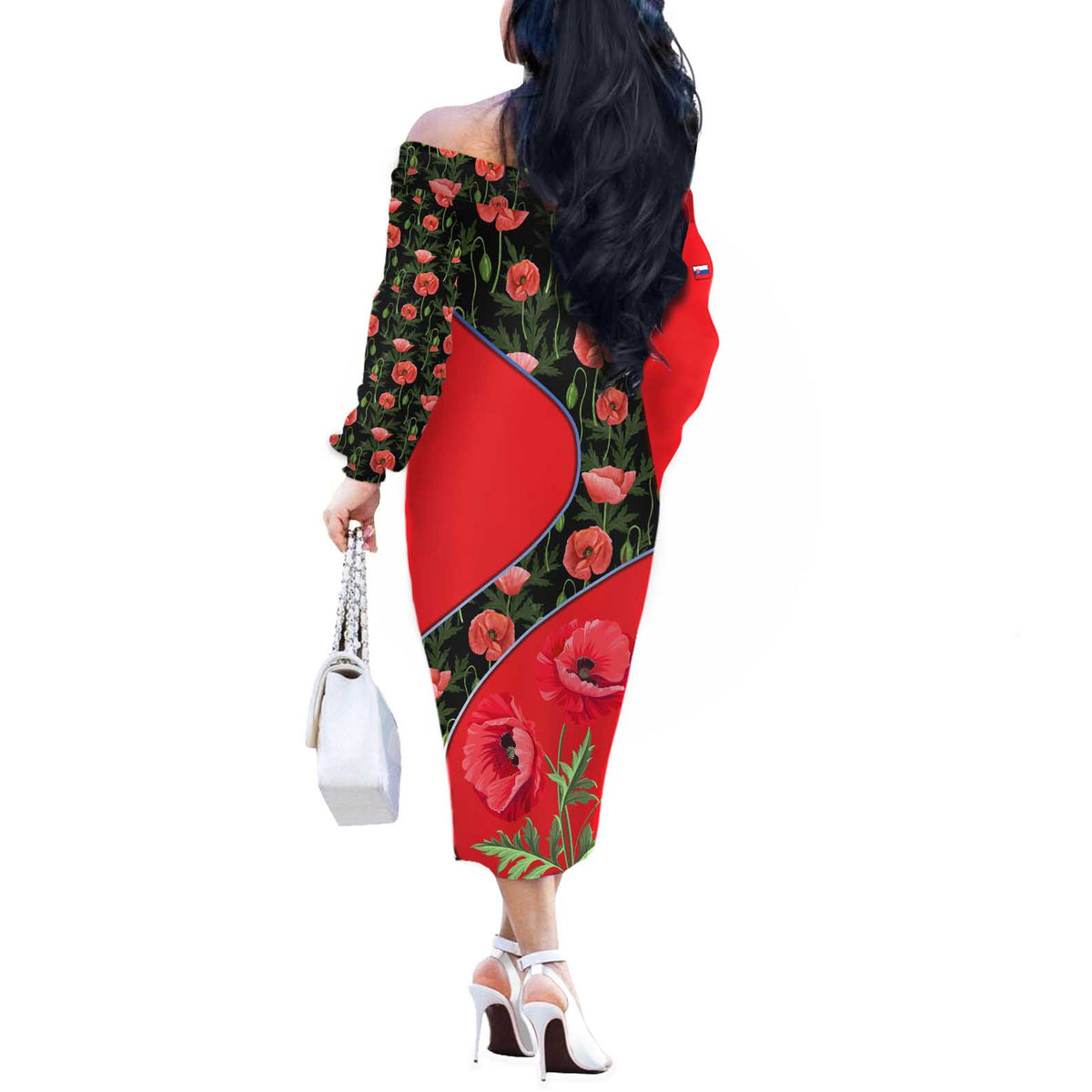 Slovakia Coat of Arms Off The Shoulder Long Sleeve Dress with Red Poppy Flowers and Bold Flag Colors Design - Wonder Print Shop