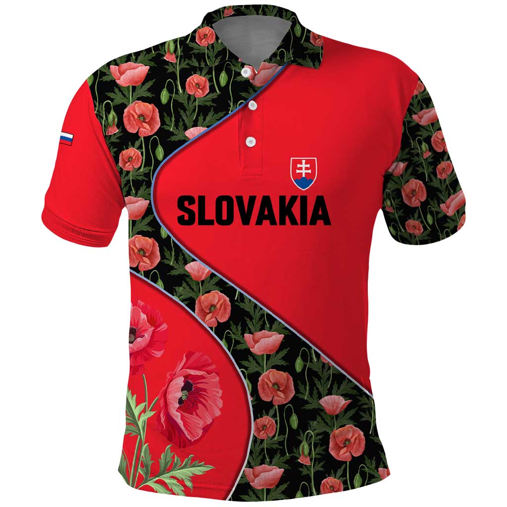 Slovakia Coat of Arms Polo Shirt with Red Poppy Flowers and Bold Flag Colors Design - Wonder Print Shop