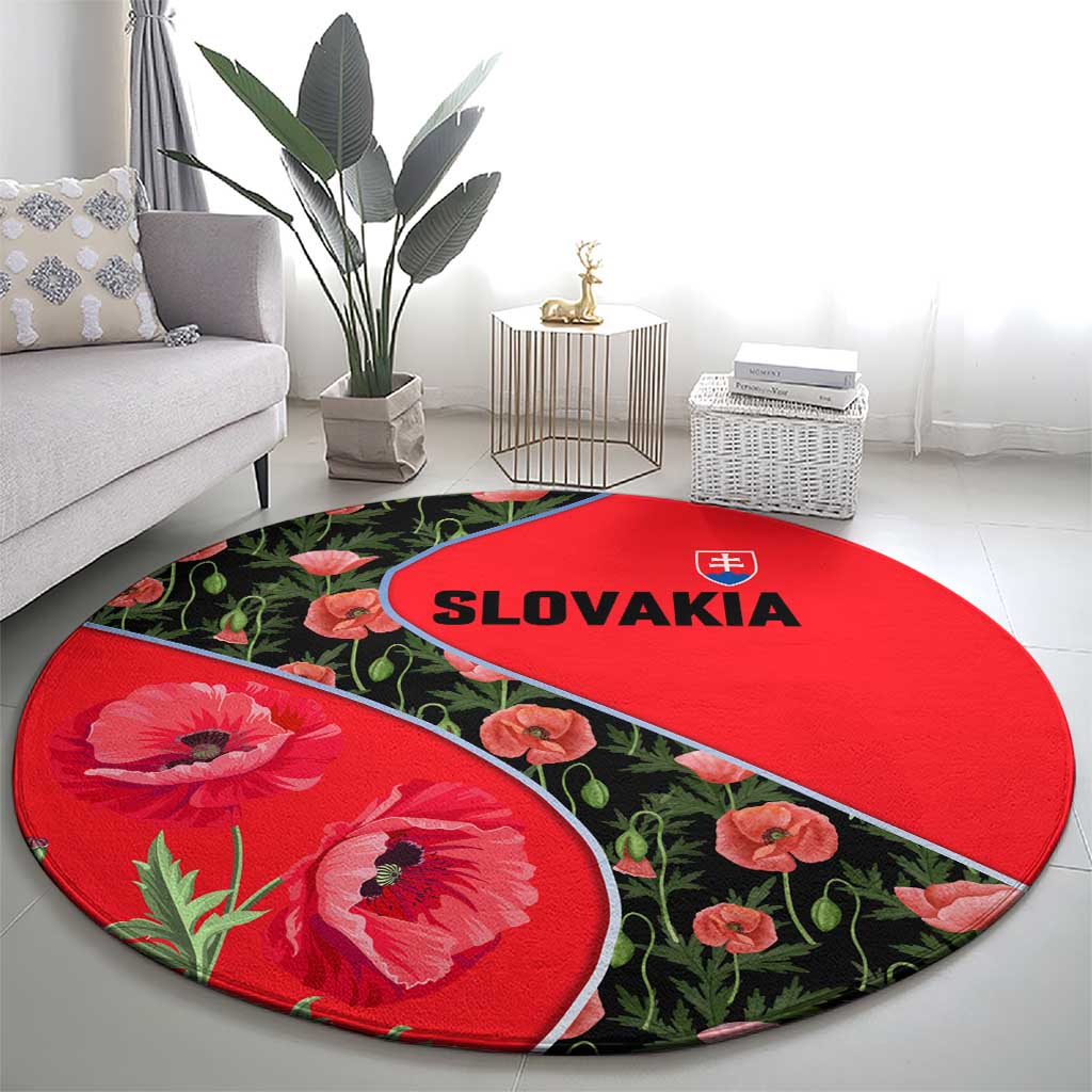 Slovakia Coat of Arms Round Carpet with Red Poppy Flowers and Bold Flag Colors Design - Wonder Print Shop
