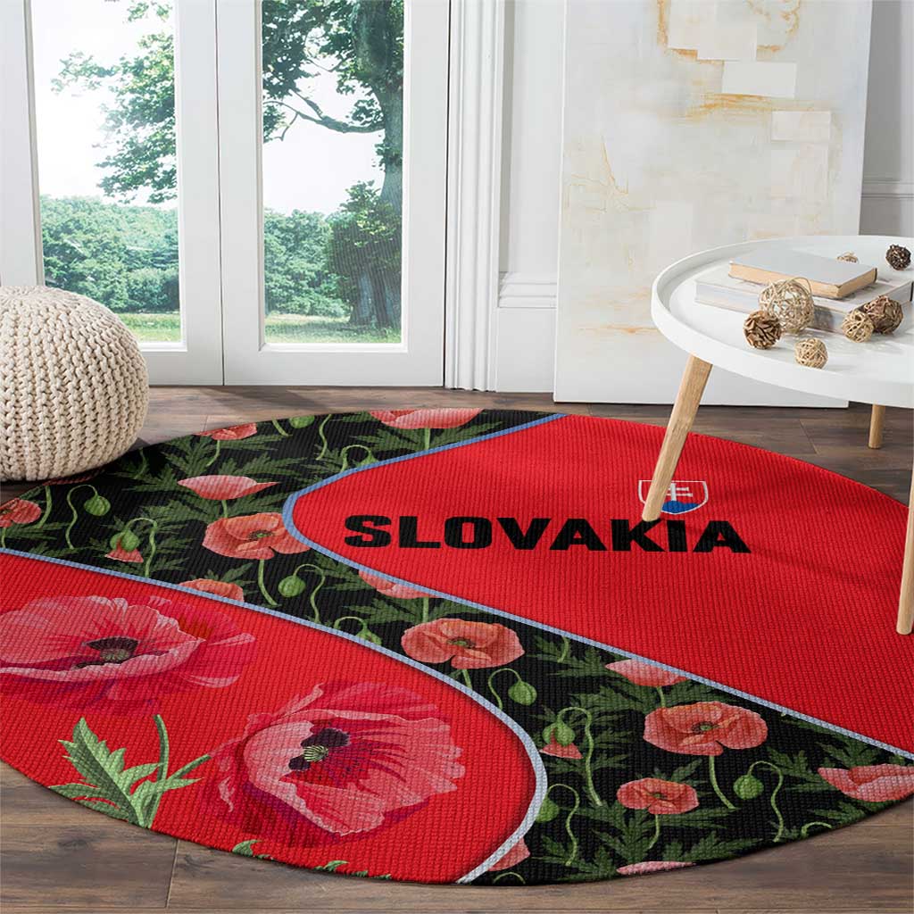 Slovakia Coat of Arms Round Carpet with Red Poppy Flowers and Bold Flag Colors Design - Wonder Print Shop