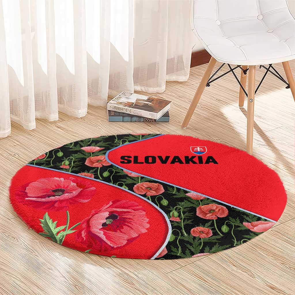 Slovakia Coat of Arms Round Carpet with Red Poppy Flowers and Bold Flag Colors Design - Wonder Print Shop