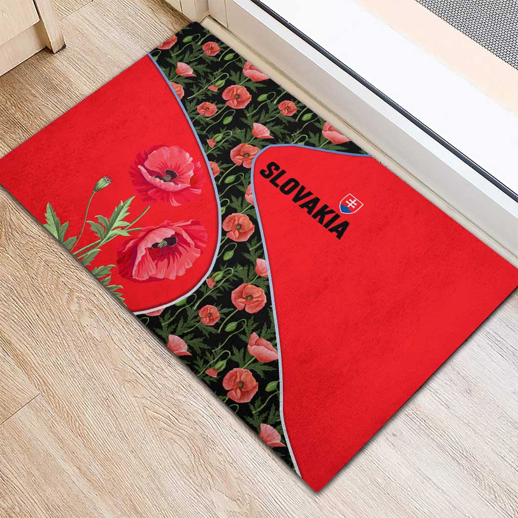 Slovakia Coat of Arms Rubber Doormat with Red Poppy Flowers and Bold Flag Colors Design - Wonder Print Shop