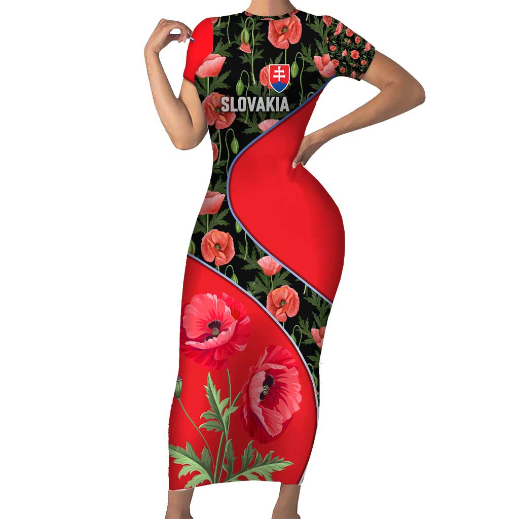 Slovakia Coat of Arms Short Sleeve Bodycon Dress with Red Poppy Flowers and Bold Flag Colors Design - Wonder Print Shop