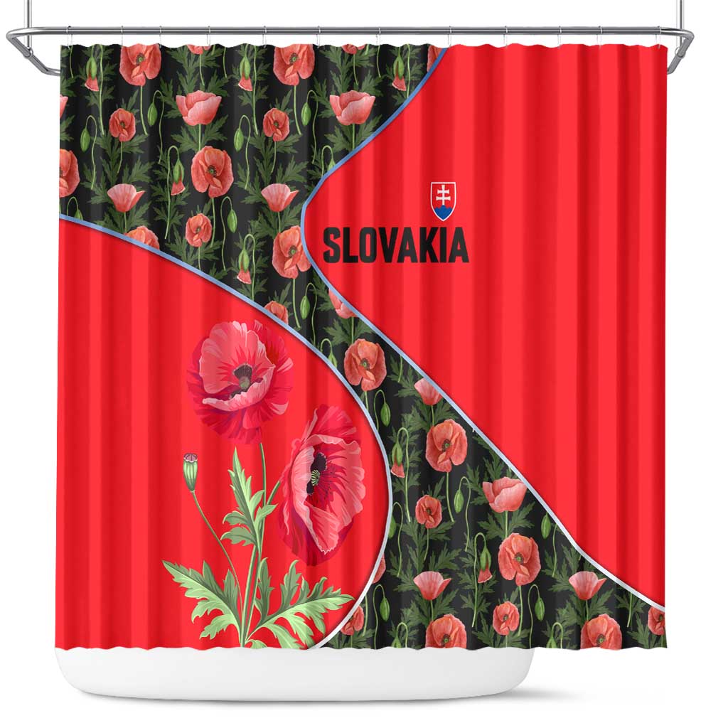 Slovakia Coat of Arms Shower Curtain with Red Poppy Flowers and Bold Flag Colors Design - Wonder Print Shop