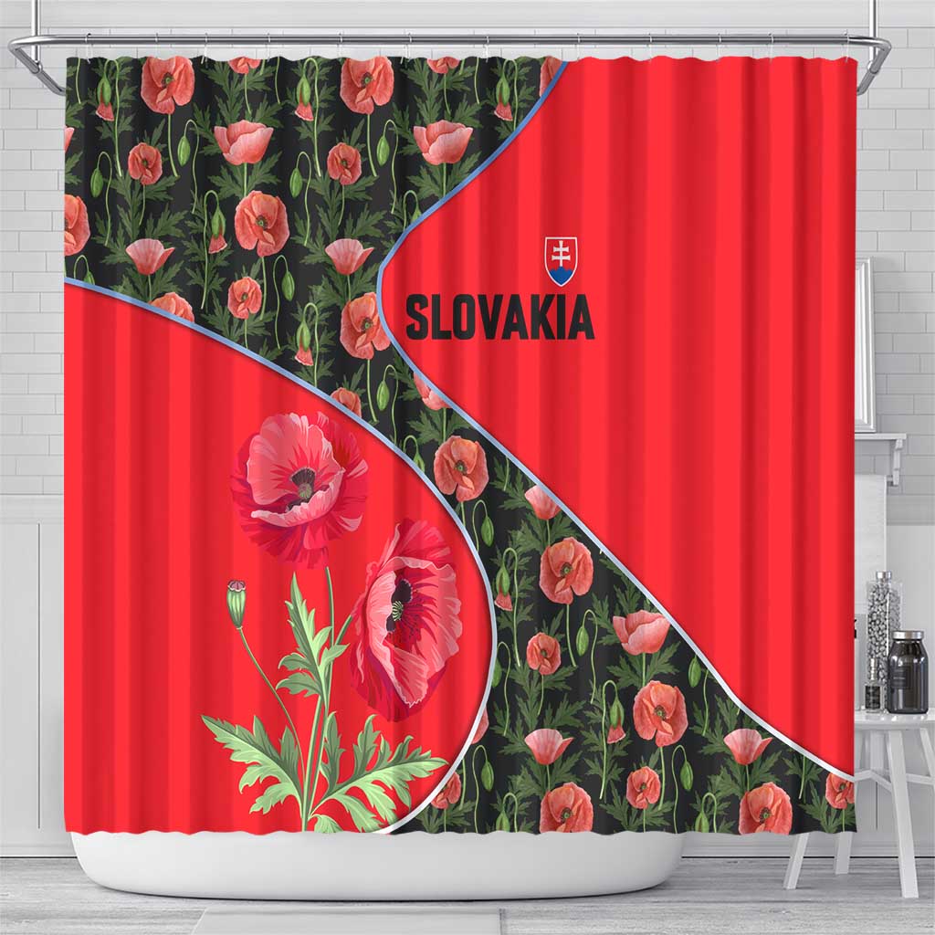 Slovakia Coat of Arms Shower Curtain with Red Poppy Flowers and Bold Flag Colors Design - Wonder Print Shop