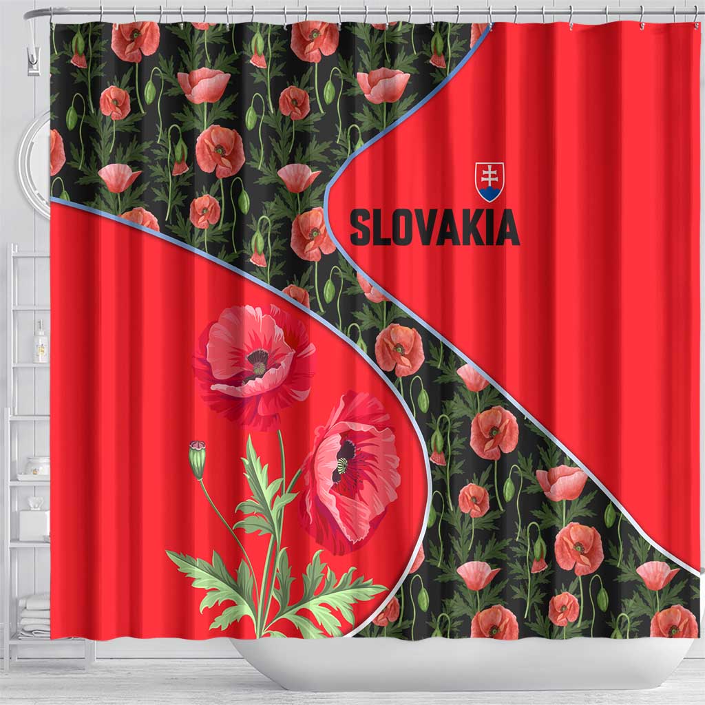 Slovakia Coat of Arms Shower Curtain with Red Poppy Flowers and Bold Flag Colors Design - Wonder Print Shop