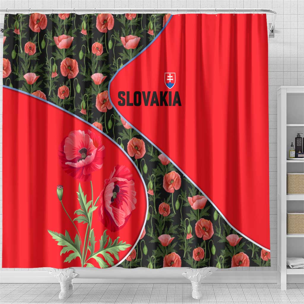 Slovakia Coat of Arms Shower Curtain with Red Poppy Flowers and Bold Flag Colors Design - Wonder Print Shop