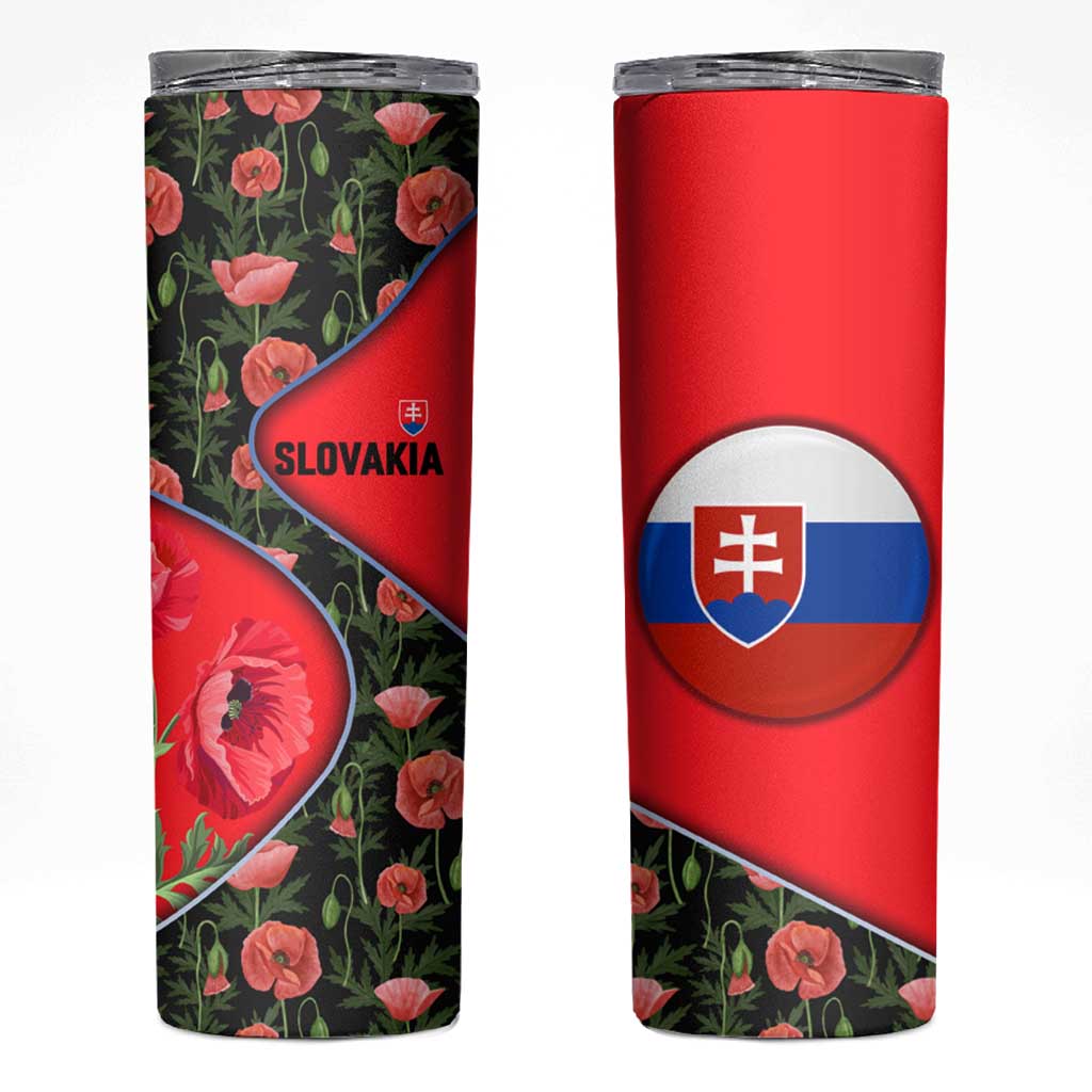 Slovakia Coat of Arms Skinny Tumbler with Red Poppy Flowers and Bold Flag Colors Design - Wonder Print Shop