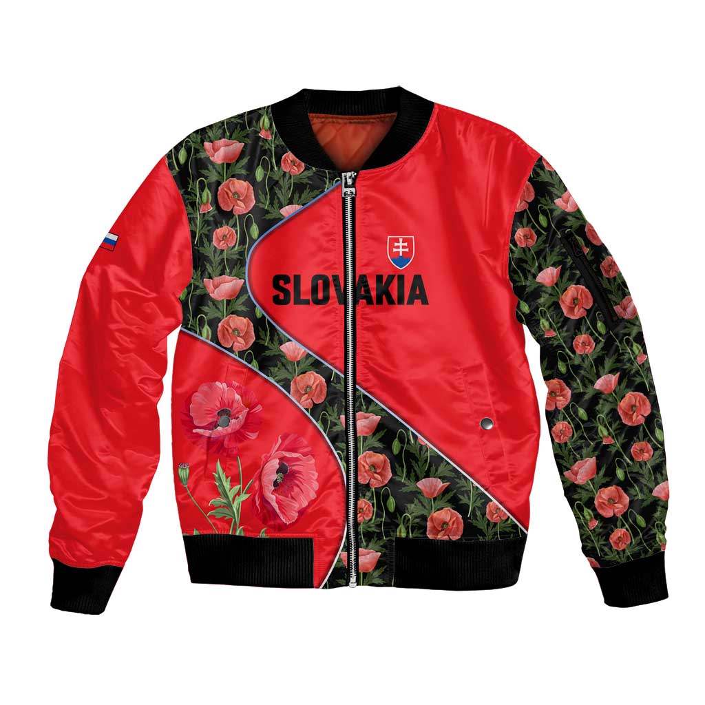 Slovakia Coat of Arms Sleeve Zip Bomber Jacket with Red Poppy Flowers and Bold Flag Colors Design - Wonder Print Shop