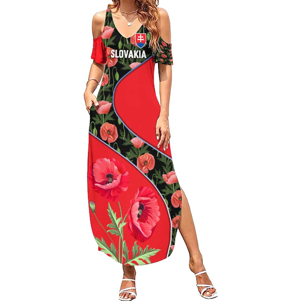 Slovakia Coat of Arms Summer Maxi Dress with Red Poppy Flowers and Bold Flag Colors Design - Wonder Print Shop