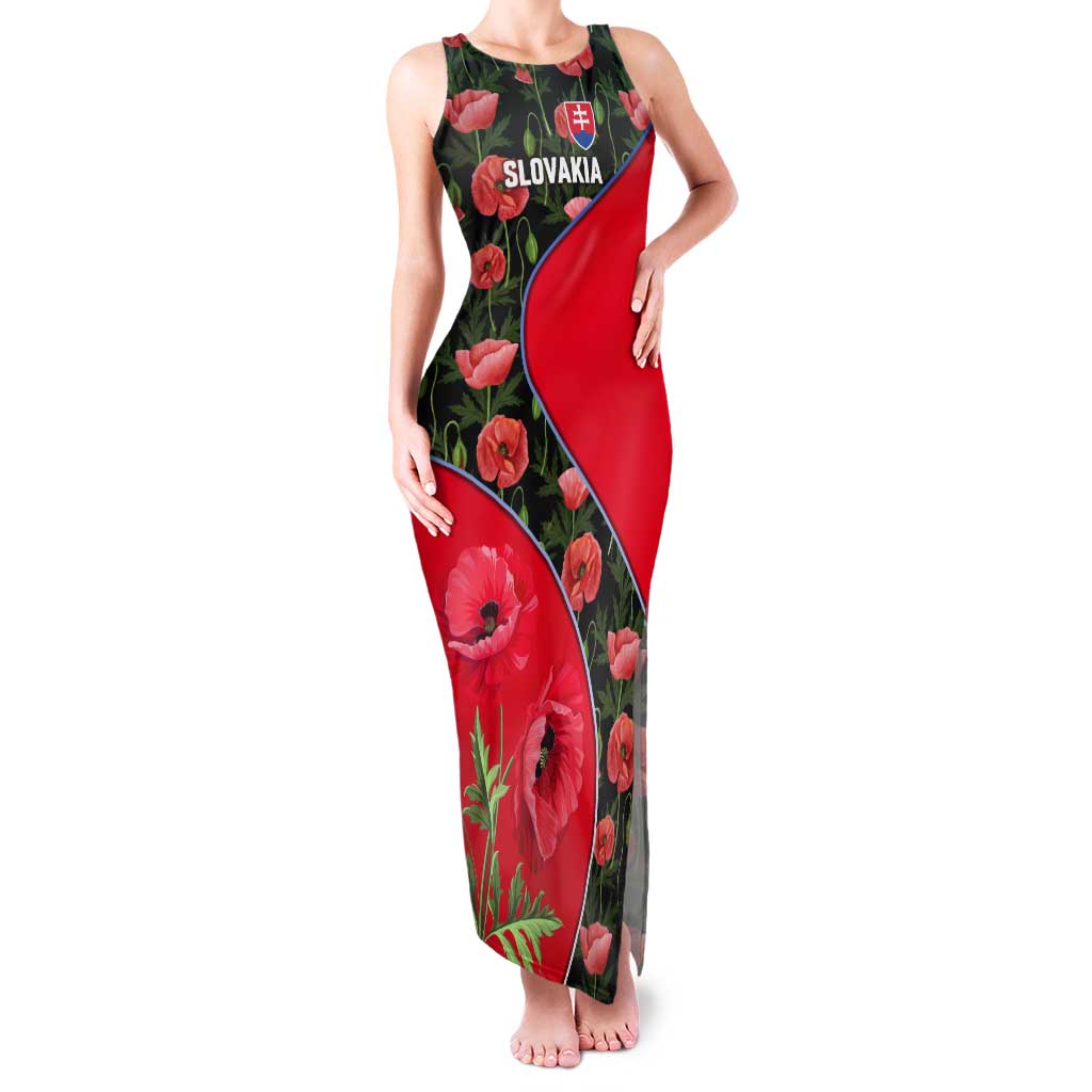 Slovakia Coat of Arms Tank Maxi Dress with Red Poppy Flowers and Bold Flag Colors Design - Wonder Print Shop