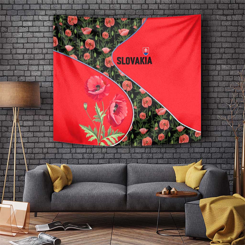 Slovakia Coat of Arms Tapestry with Red Poppy Flowers and Bold Flag Colors Design - Wonder Print Shop