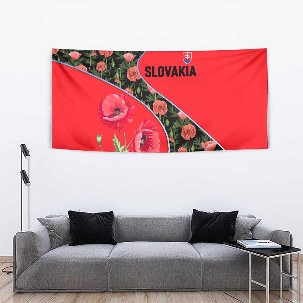 Slovakia Coat of Arms Tapestry with Red Poppy Flowers and Bold Flag Colors Design - Wonder Print Shop