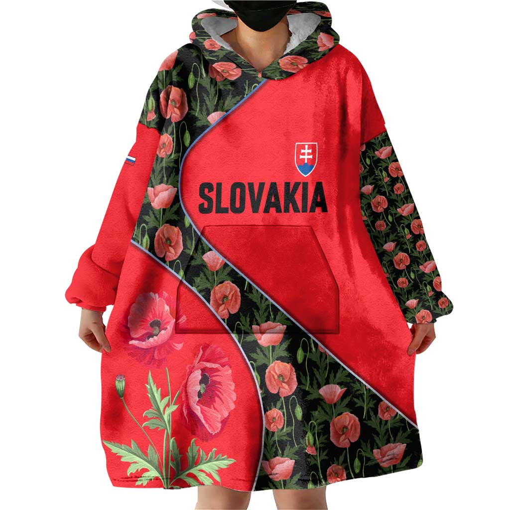 Slovakia Coat of Arms Wearable Blanket Hoodie with Red Poppy Flowers and Bold Flag Colors Design - Wonder Print Shop