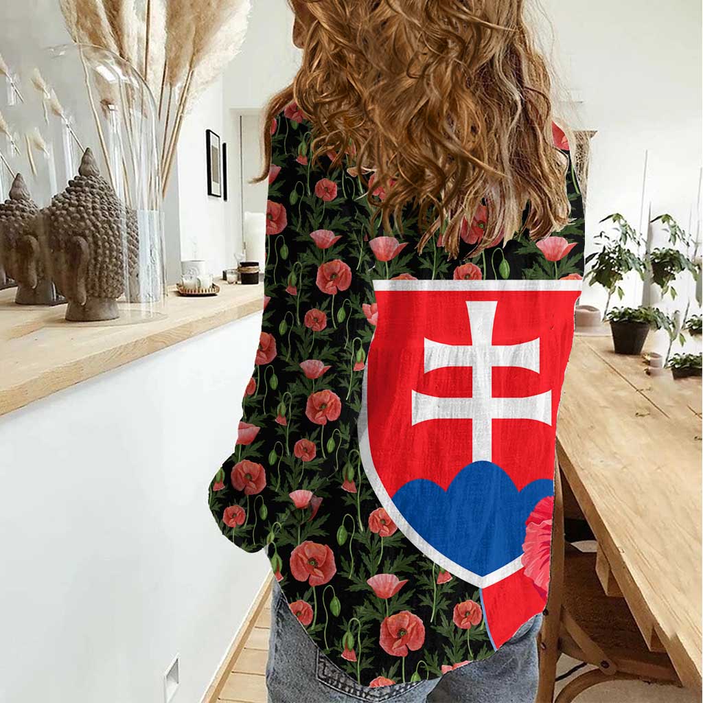 Slovakia Coat of Arms Women Casual Shirt with Red Poppy Flowers and Bold Flag Colors Design - Wonder Print Shop