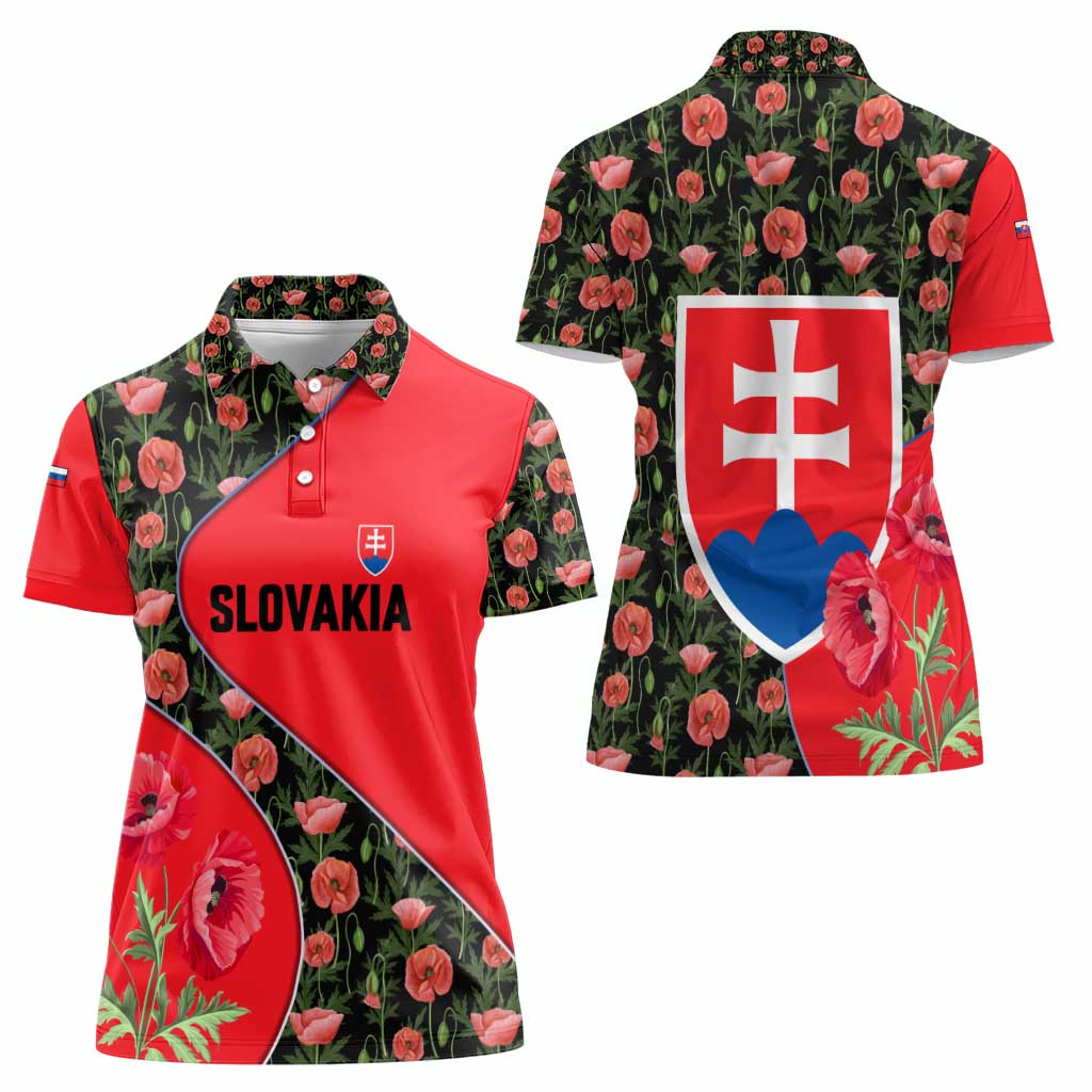 Slovakia Coat of Arms Women Polo Shirt with Red Poppy Flowers and Bold Flag Colors Design - Wonder Print Shop