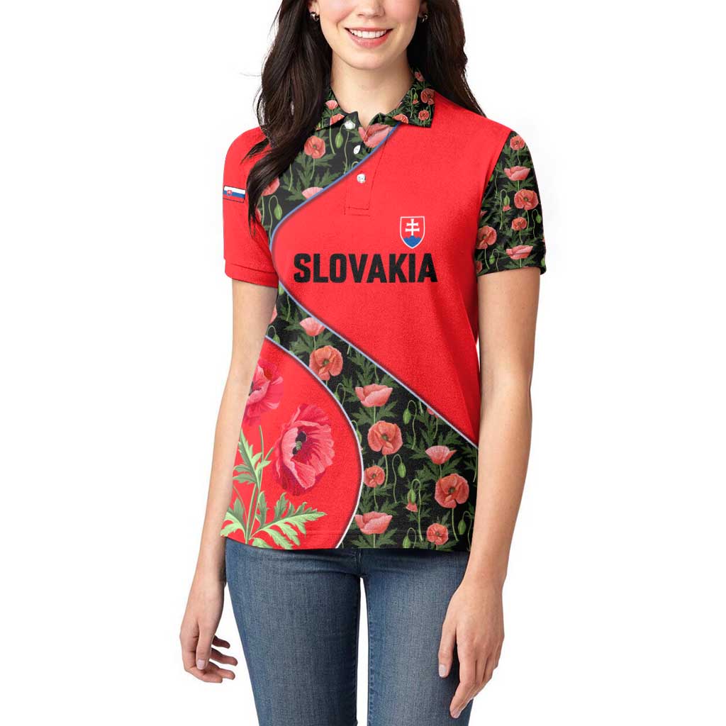 Slovakia Coat of Arms Women Polo Shirt with Red Poppy Flowers and Bold Flag Colors Design - Wonder Print Shop