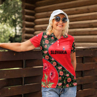 Slovakia Coat of Arms Women Polo Shirt with Red Poppy Flowers and Bold Flag Colors Design - Wonder Print Shop