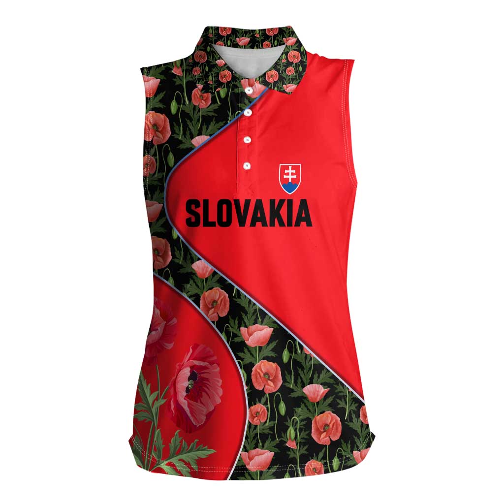 Slovakia Coat of Arms Women Sleeveless Polo Shirt with Red Poppy Flowers and Bold Flag Colors Design - Wonder Print Shop