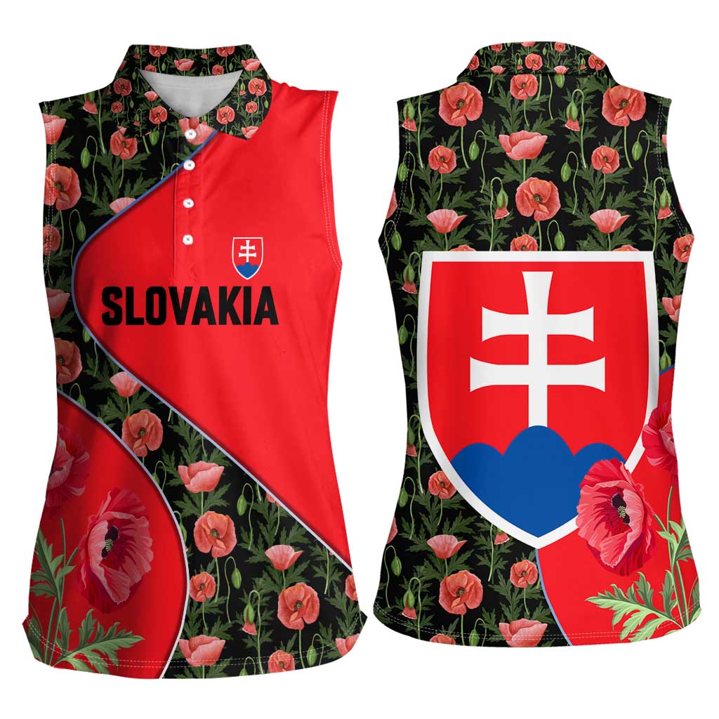 Slovakia Coat of Arms Women Sleeveless Polo Shirt with Red Poppy Flowers and Bold Flag Colors Design - Wonder Print Shop