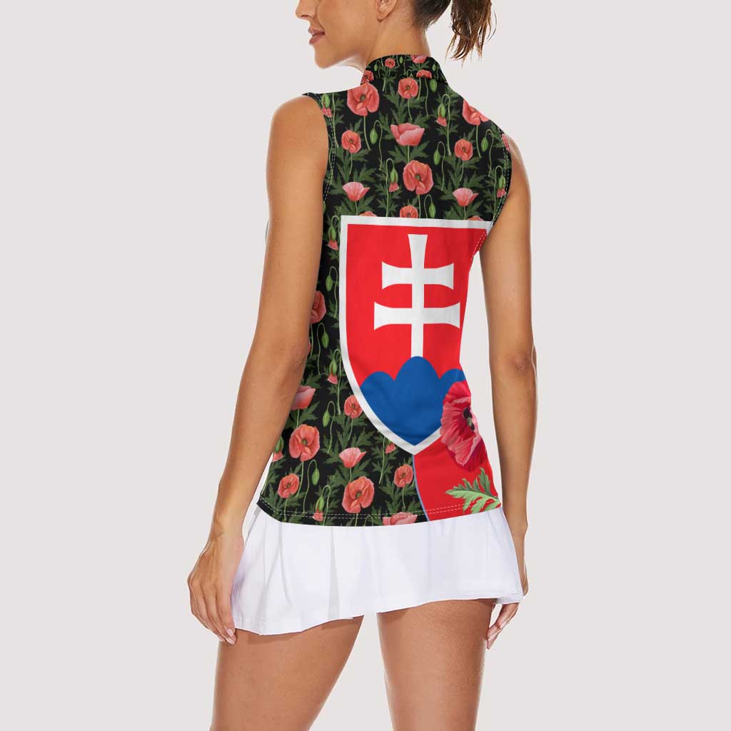 Slovakia Coat of Arms Women Sleeveless Polo Shirt with Red Poppy Flowers and Bold Flag Colors Design - Wonder Print Shop