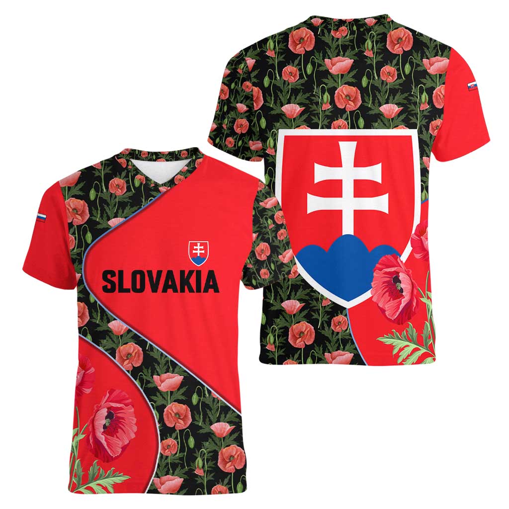 Slovakia Coat of Arms Women V-Neck T-Shirt with Red Poppy Flowers and Bold Flag Colors Design - Wonder Print Shop