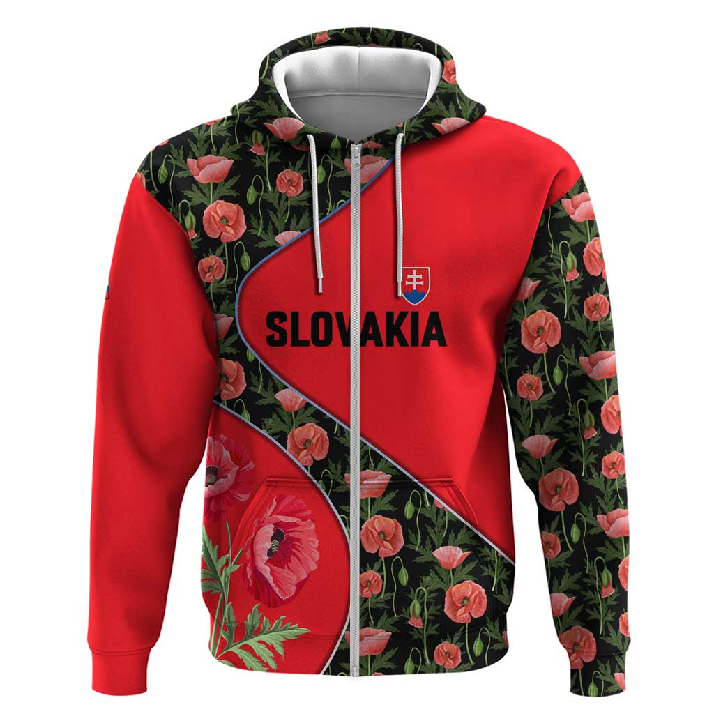 Slovakia Coat of Arms Zip Hoodie with Red Poppy Flowers and Bold Flag Colors Design - Wonder Print Shop