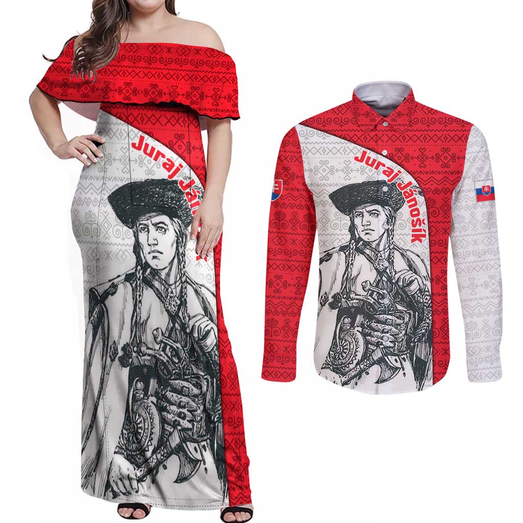 Juraj Janosik Slovakia Couples Matching Off Shoulder Maxi Dress and Long Sleeve Button Shirt with Folk Pattern Red White Legend Spirit
