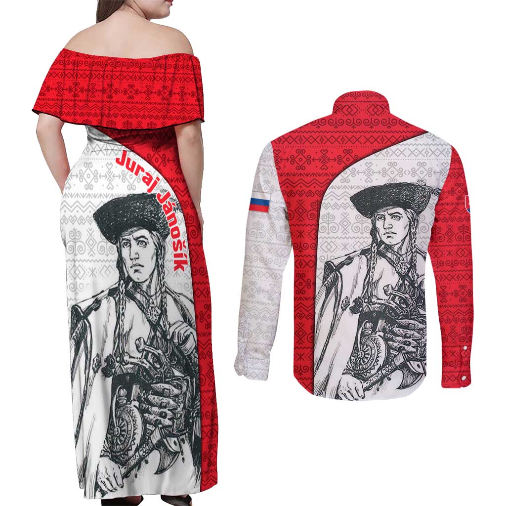 Juraj Janosik Slovakia Couples Matching Off Shoulder Maxi Dress and Long Sleeve Button Shirt with Folk Pattern Red White Legend Spirit