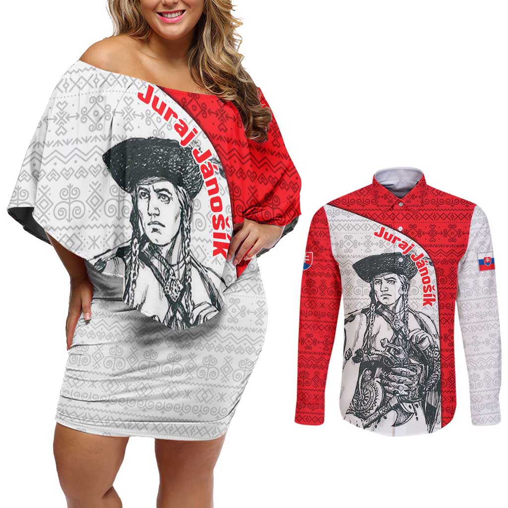 Juraj Janosik Slovakia Couples Matching Off Shoulder Short Dress and Long Sleeve Button Shirt with Folk Pattern Red White Legend Spirit