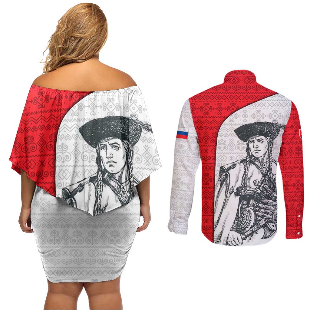 Juraj Janosik Slovakia Couples Matching Off Shoulder Short Dress and Long Sleeve Button Shirt with Folk Pattern Red White Legend Spirit