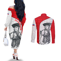 Juraj Janosik Slovakia Couples Matching Off The Shoulder Long Sleeve Dress and Long Sleeve Button Shirt with Folk Pattern Red White Legend Spirit