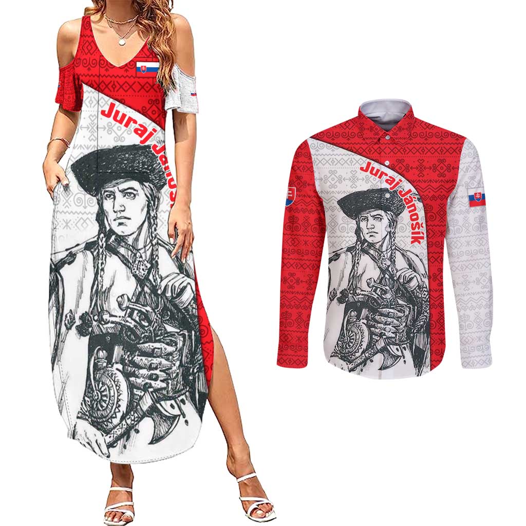 Juraj Janosik Slovakia Couples Matching Summer Maxi Dress and Long Sleeve Button Shirt with Folk Pattern Red White Legend Spirit