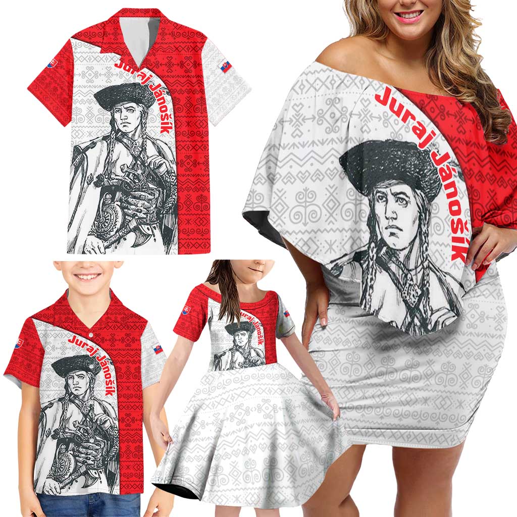 Juraj Janosik Slovakia Family Matching Off Shoulder Short Dress and Hawaiian Shirt with Folk Pattern Red White Legend Spirit